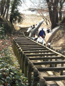 Le long escalier du CREPS qui méne au départ de la descente des Gorges de l'Ardèche